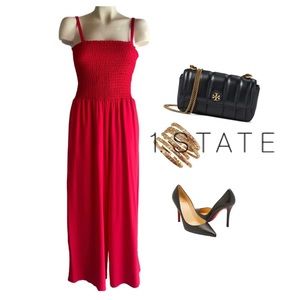1. STATE RED SMOCKED SPAGHETTI STRAP JUMPSUIT SZ M